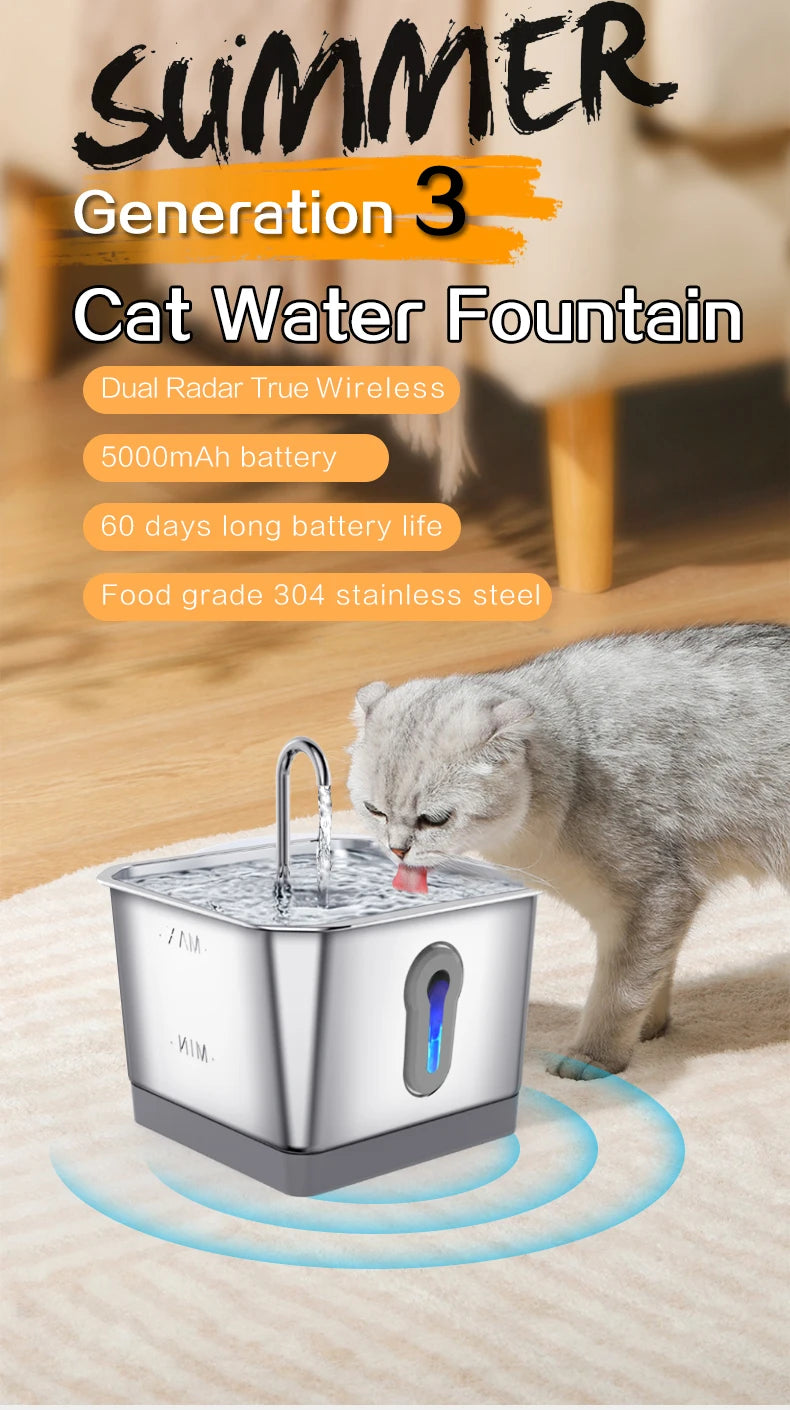 Smart Cat Water Fountain 4L - Wireless Dual Radar Stainless Steel Dispenser - Deribla Store