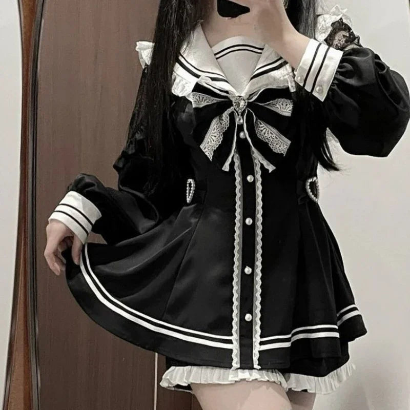 Y2k Aesthetic Lolita Style Bow Dress Shorts Set Japanese Women