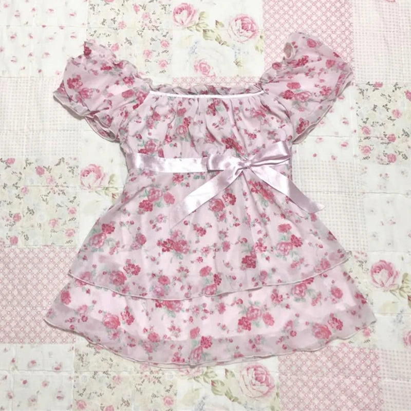 Polka dot Vintage Pink Hot Cute Dress Aesthetic Slim Y2K Short