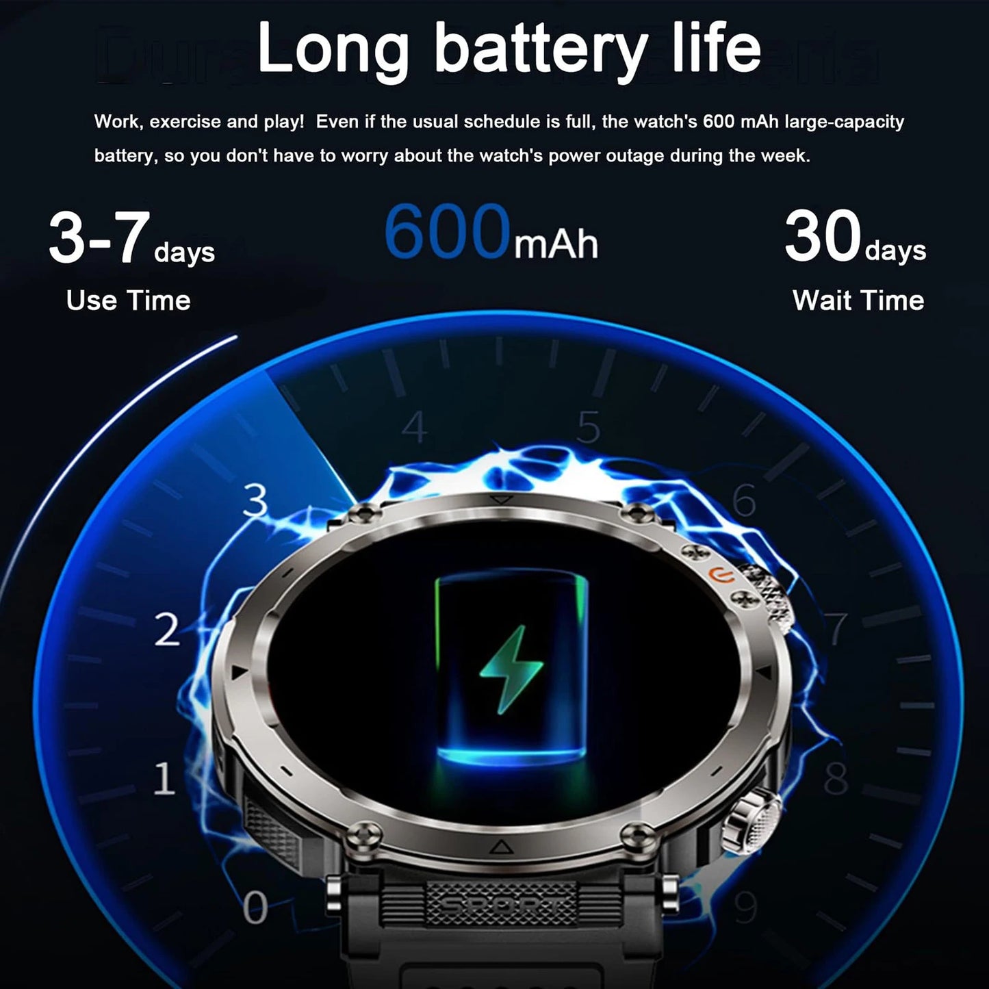 New 5ATM Outdoor Smart Watch Men 600mAh LED Flashlight