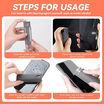Steps for usage of the Portable Screen Cleaner Kit with spray bottle and microfiber wipe.