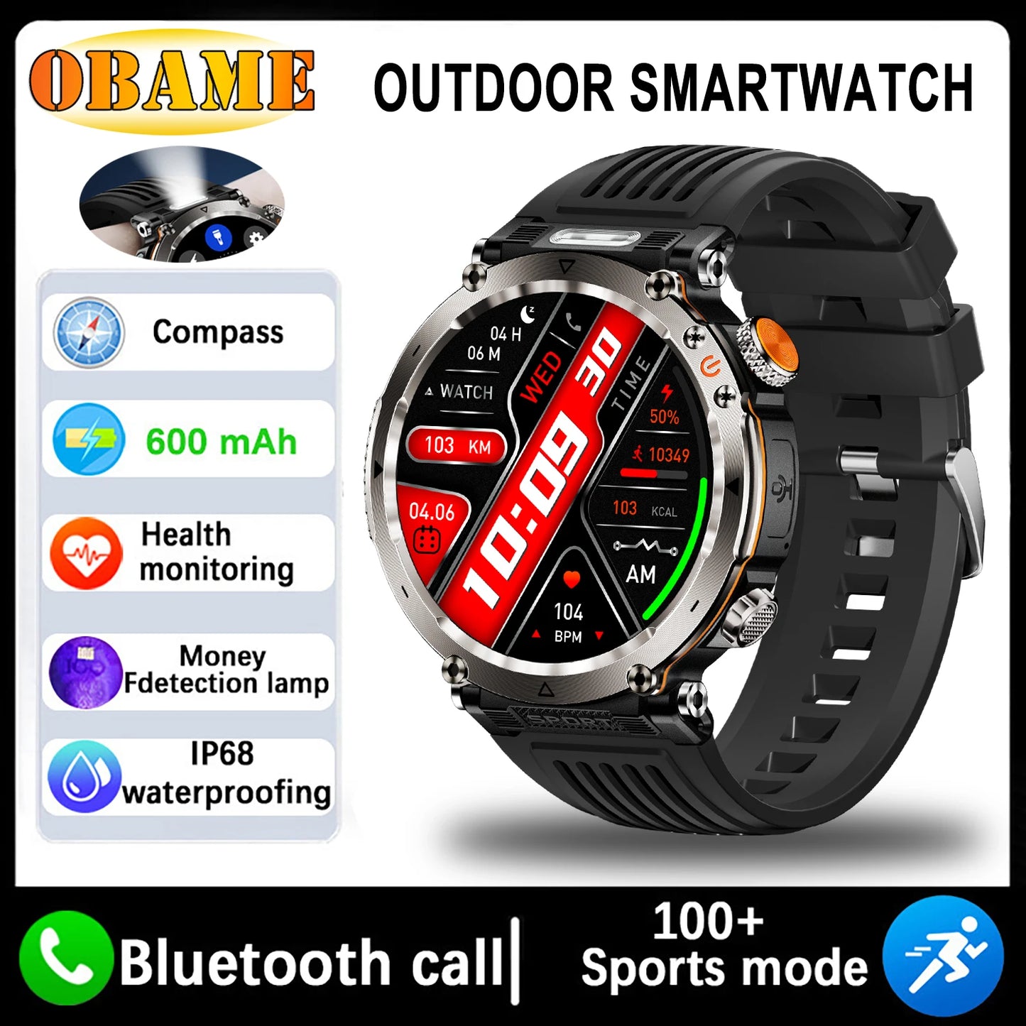 New 5ATM Outdoor Smart Watch Men 600mAh LED Flashlight