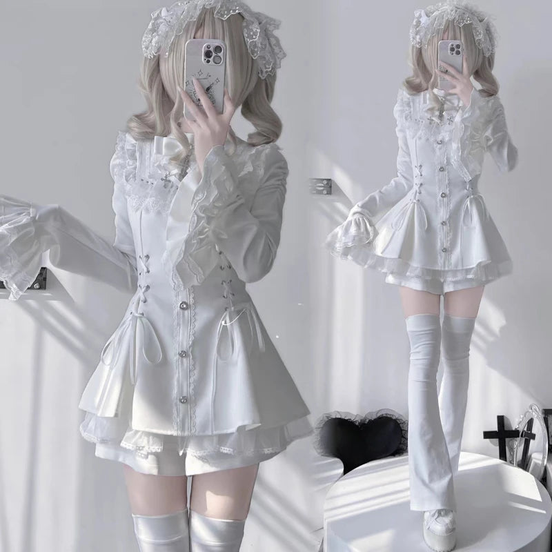 Y2k Aesthetic Lolita Style Bow Dress Shorts Set Japanese Women
