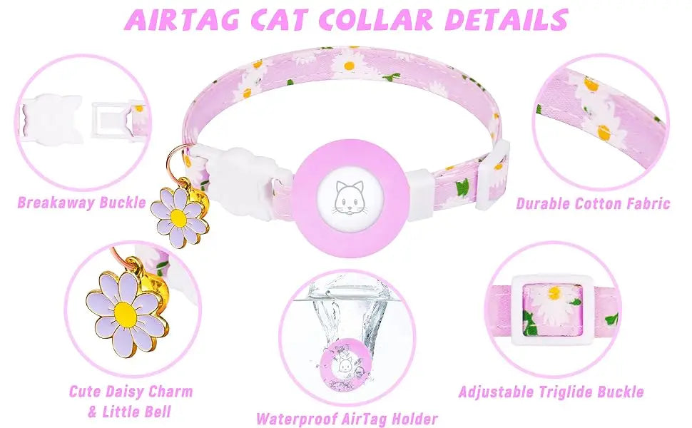 AirTag Cat Collar - Adjustable Kitten Collar with Bells & Flower Charm Tracker - Deribla Store