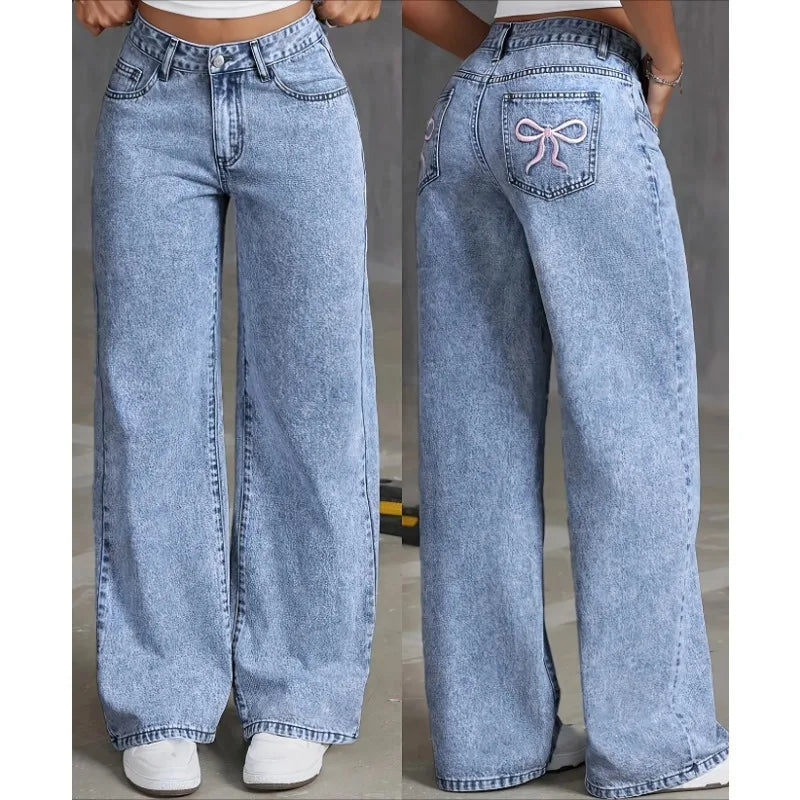 Denim Wide Leg Jeans High waisted  Bow Embroidered Pocket Wide