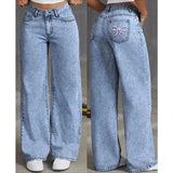 Denim Wide Leg Jeans High waisted  Bow Embroidered Pocket Wide