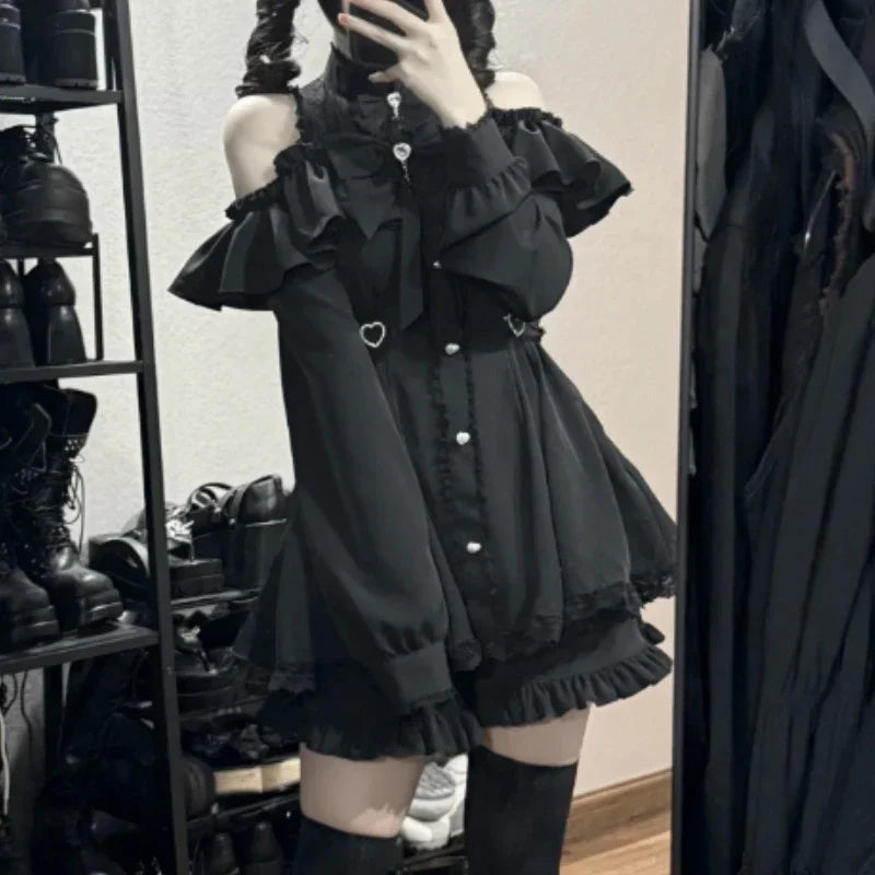 Y2k Aesthetic Lolita Style Bow Dress Shorts Set Japanese Women