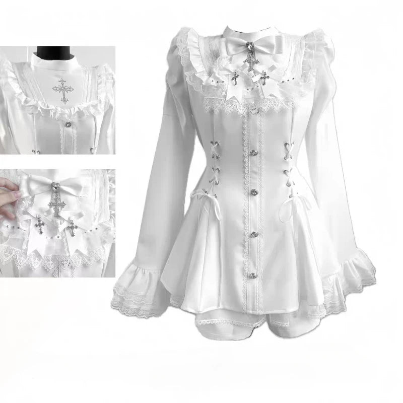 Y2k Aesthetic Lolita Style Bow Dress Shorts Set Japanese Women