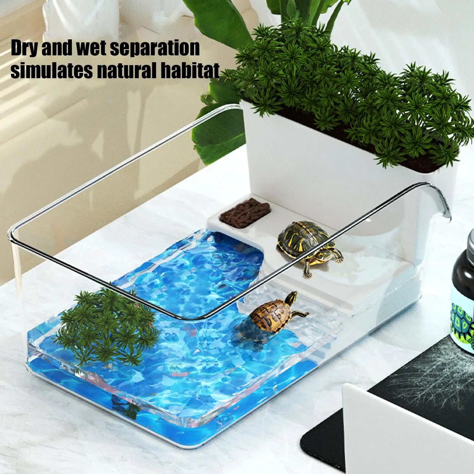 Turtle Tank - Amphibian Reptile Breeding Box with Basking Platform & Fence - Deribla Store