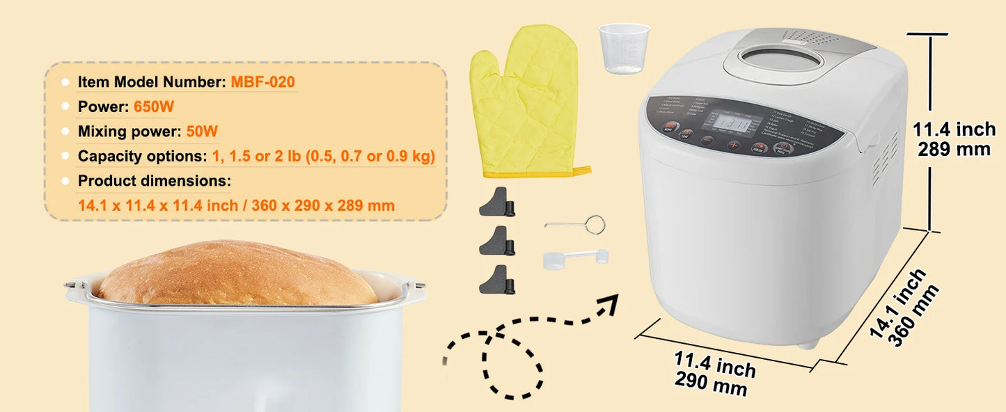 2-3 LB Automatic Bread Maker - 15-in-1 Programs, Nonstick Ceramic Pan, Gluten-Free Setting - Deribla Store