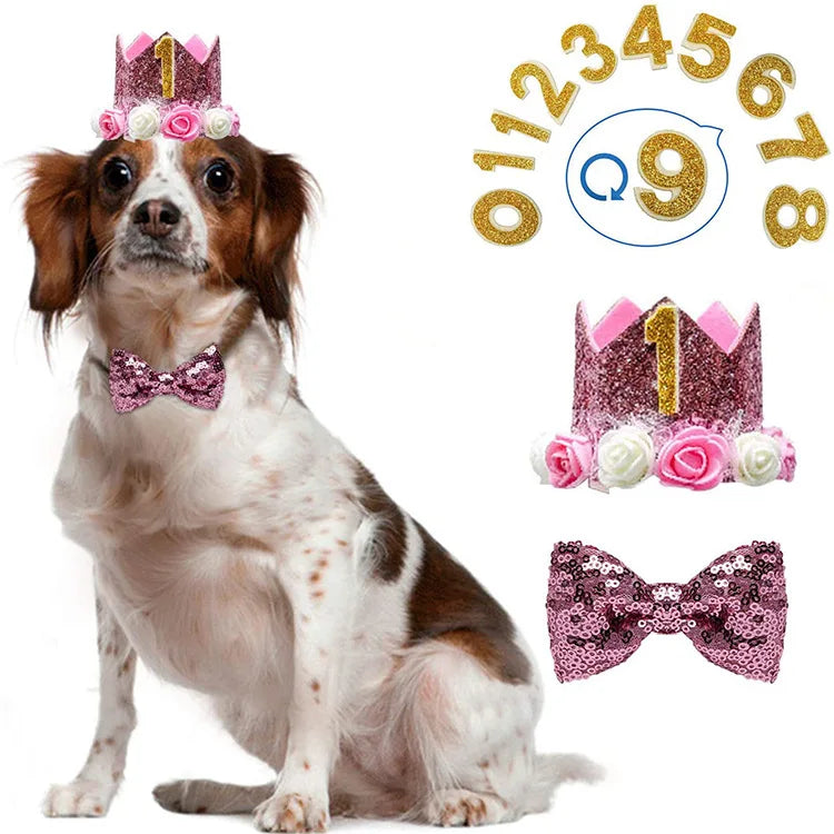 Dog Cat Birthday Crown Hat & Bow Tie Set - Reusable Party Headband with Numbers 0-9 - Deribla Store
