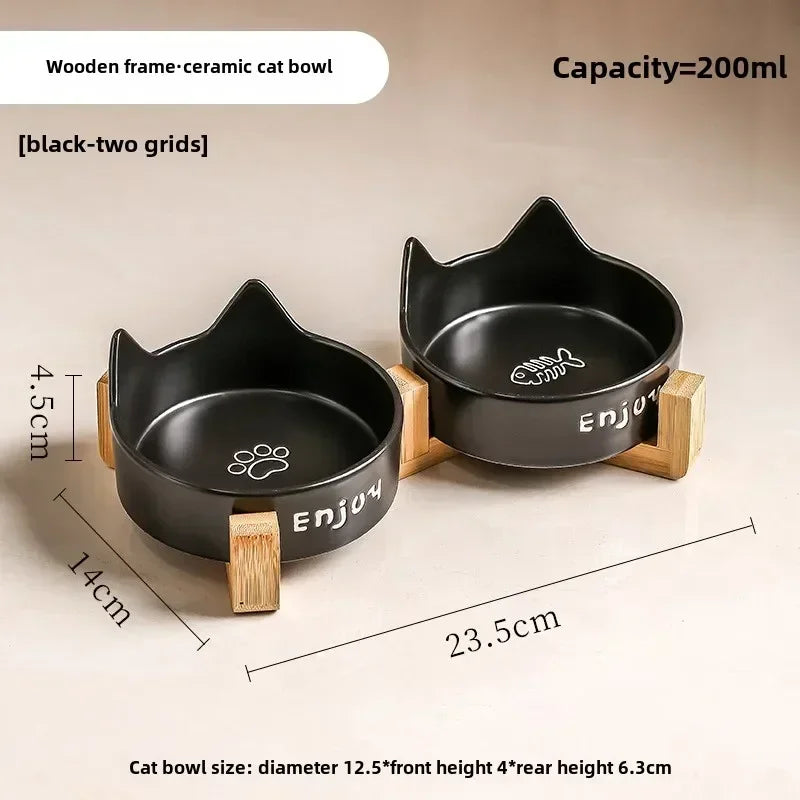 Ceramic Double Bowl Set with Bamboo Stand - Elevated Anti-Slip Pet Feeder for Cats & Small Dogs - Deribla Store