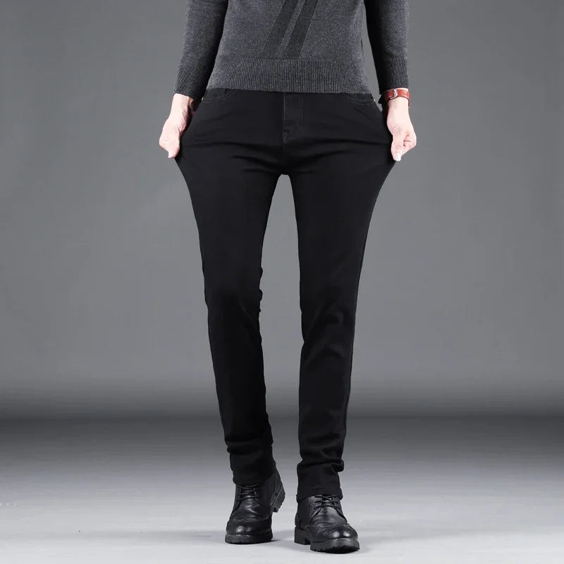 Spring Autumn New Men's Pure Black Slim Jeans Elastic Straight