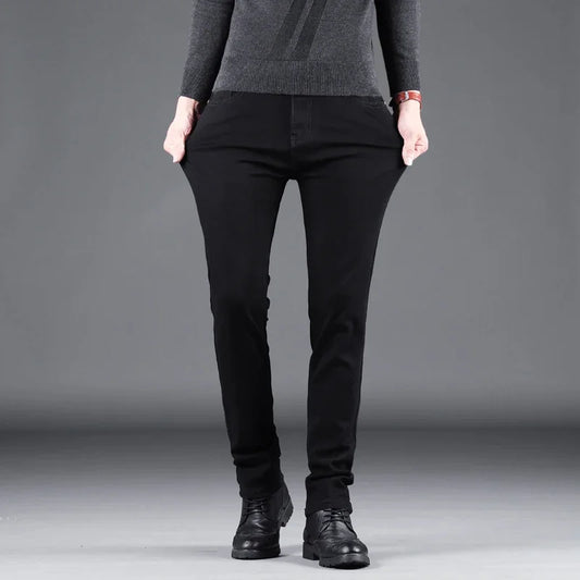 Spring Autumn New Men's Pure Black Slim Jeans Elastic Straight