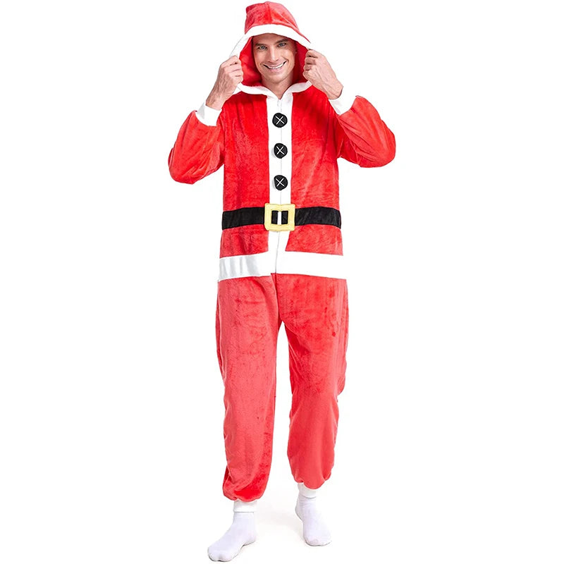Mrs. Claus Christmas Costume - Velvet Hooded Jumpsuit with Faux Fur Trim & Belt - Deribla Store