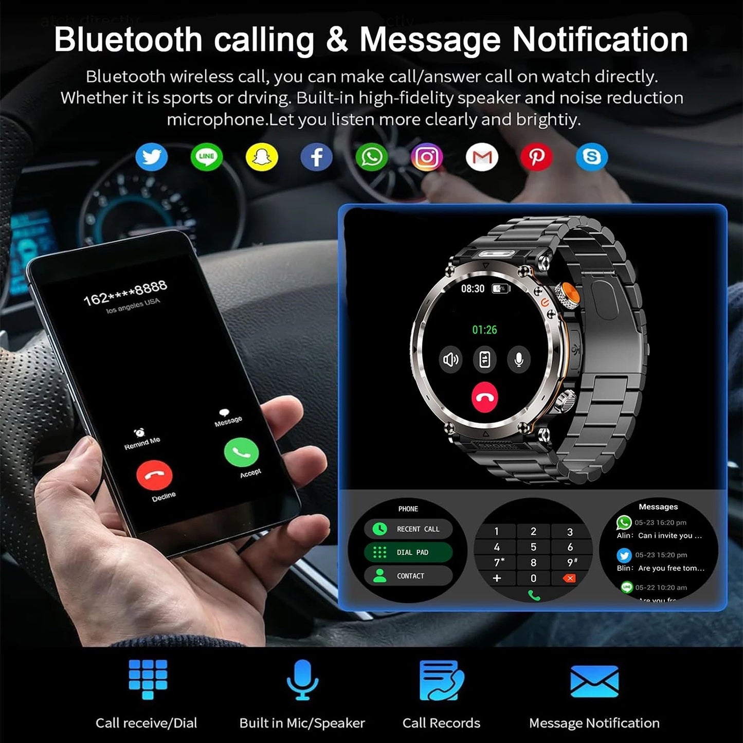 New 5ATM Outdoor Smart Watch Men 600mAh LED Flashlight