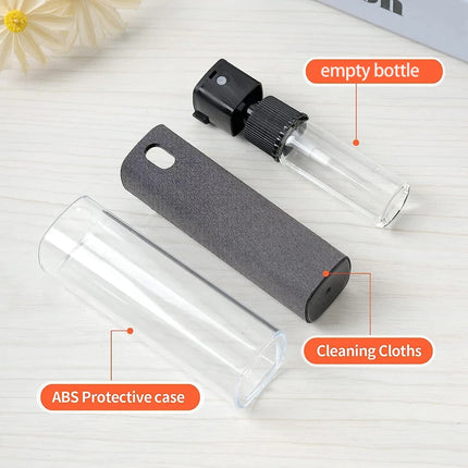 Portable Screen Cleaner Kit components: empty bottle, cleaning cloths, and ABS protective case.