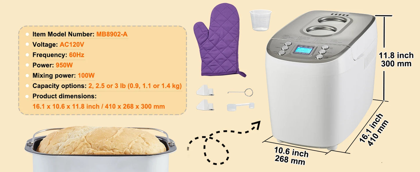 2-3 LB Automatic Bread Maker - 15-in-1 Programs, Nonstick Ceramic Pan, Gluten-Free Setting - Deribla Store