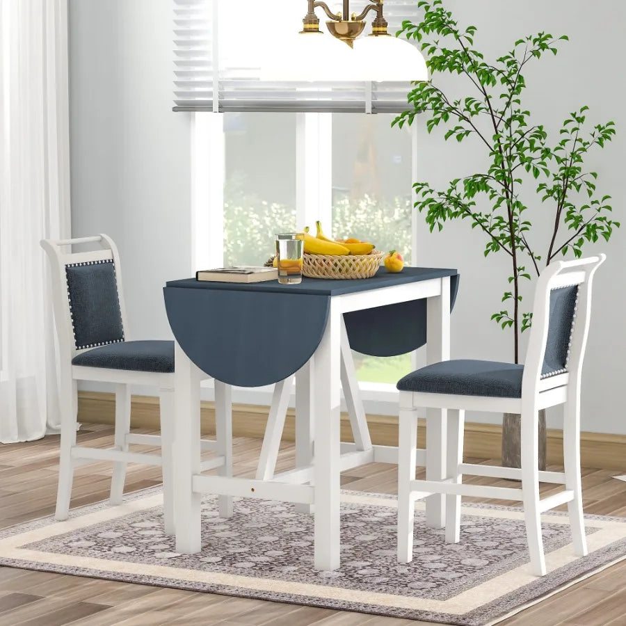 TOPMAX 3Piece Wood Counter Height Drop Leaf Dining Table Set with 2 Upholstered Dining Chairs for Small Place White+Gray - Deribla Store