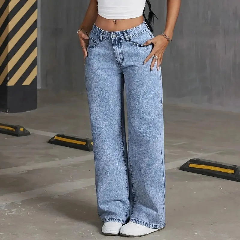 Denim Wide Leg Jeans High waisted  Bow Embroidered Pocket Wide