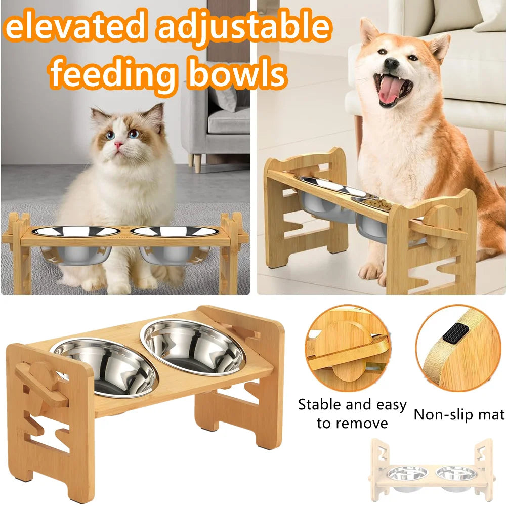 Elevated Dog Cat Bowls - Adjustable Raised Stand with Double Stainless Steel Bowls - Deribla Store
