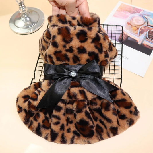 Winter Pet Clothes - Plush Leopard Print Dress Coat for Small Dogs & Cats - Deribla Store