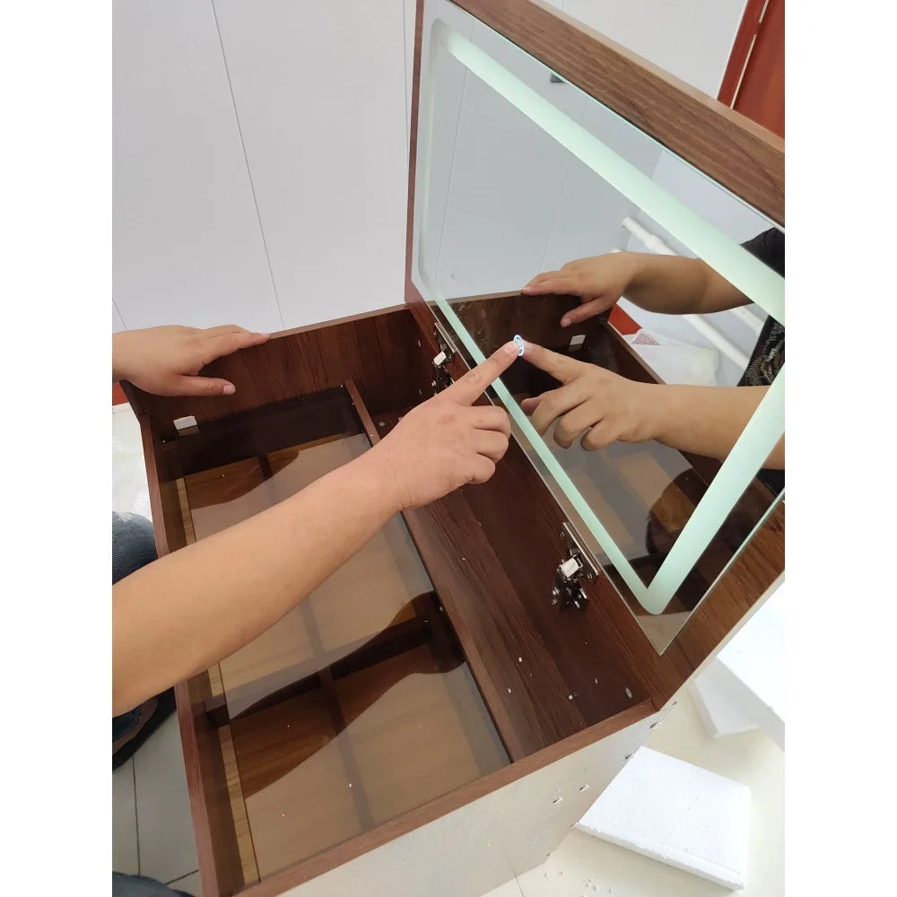 3 in 1 Vanity Desk - Flip Top Mirror Makeup Table 60cm Walnut - Deribla Store