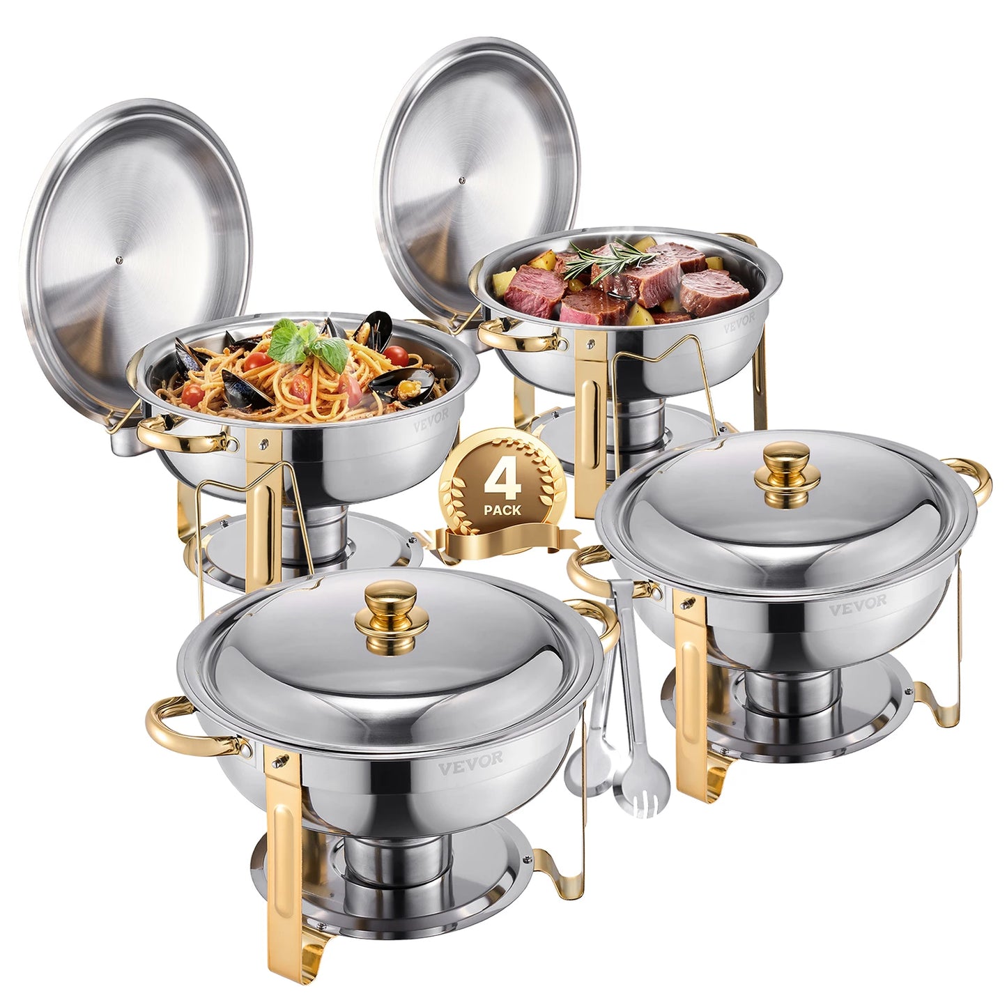 4-Pack Chafing Dish Buffet Set - Stainless Steel Round Catering Warmers with Full Size Pans - Deribla Store