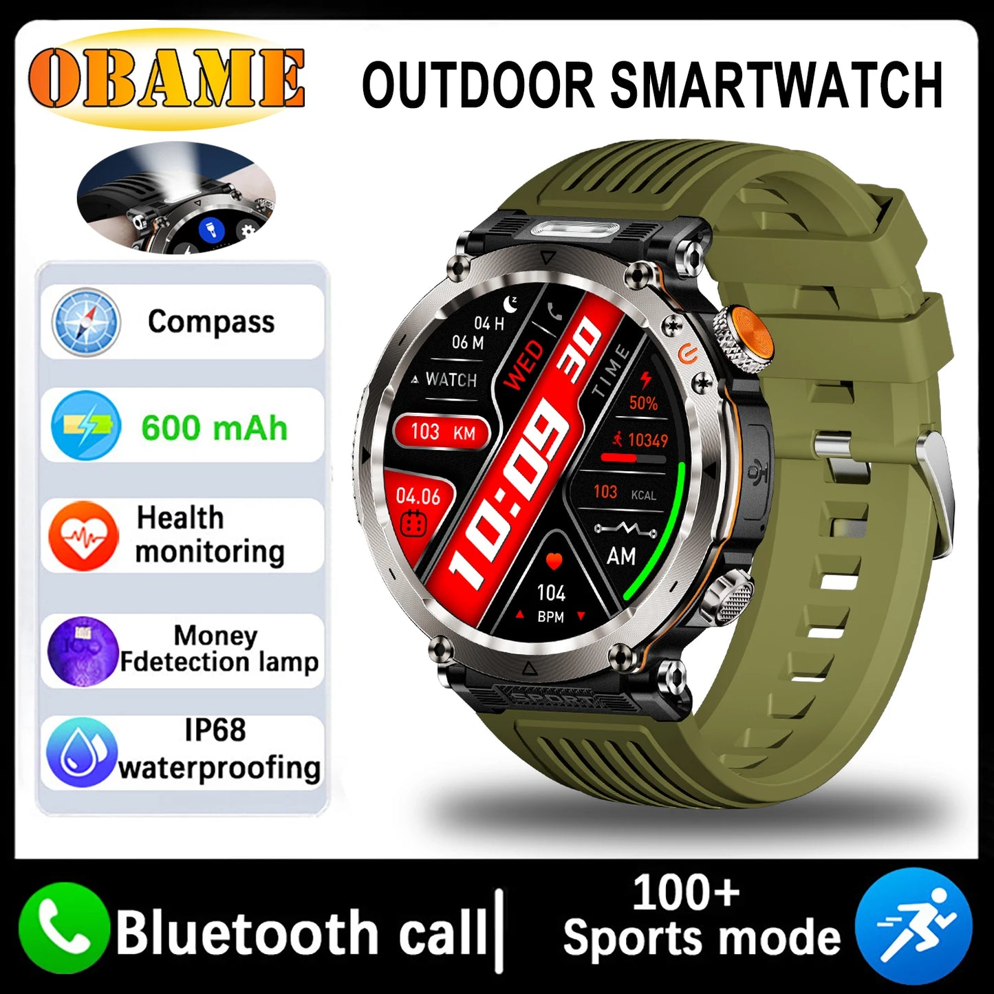 New 5ATM Outdoor Smart Watch Men 600mAh LED Flashlight