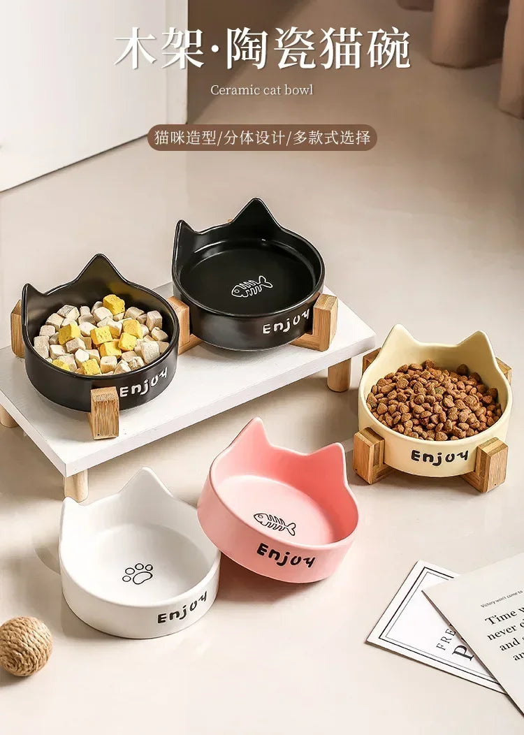 Ceramic Double Bowl Set with Bamboo Stand - Elevated Anti-Slip Pet Feeder for Cats & Small Dogs - Deribla Store