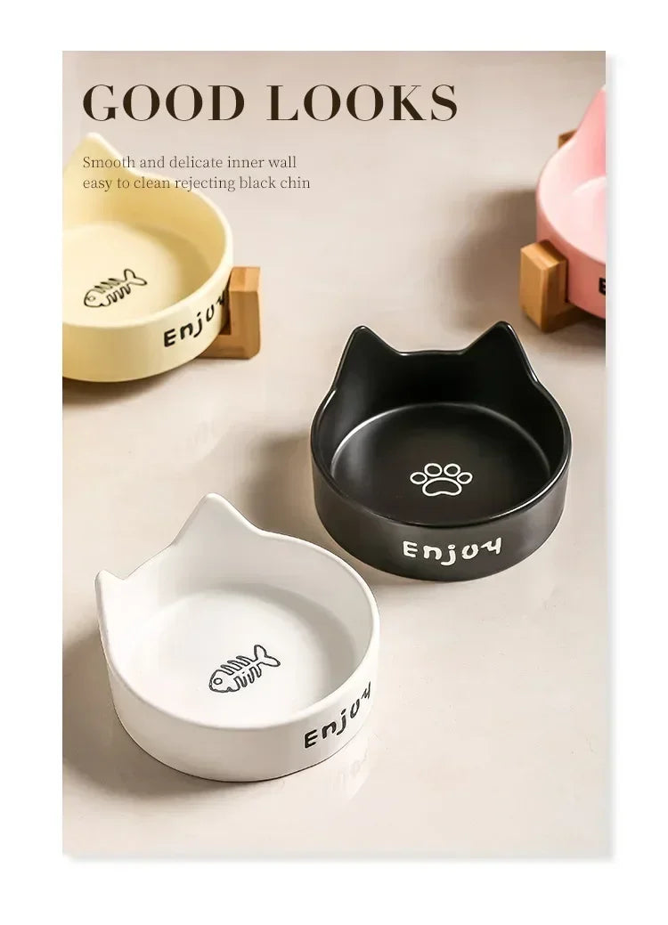 Ceramic Double Bowl Set with Bamboo Stand - Elevated Anti-Slip Pet Feeder for Cats & Small Dogs - Deribla Store