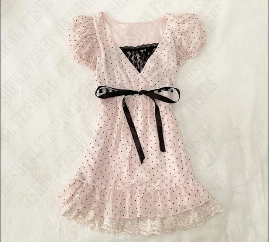 Polka dot Vintage Pink Hot Cute Dress Aesthetic Slim Y2K Short