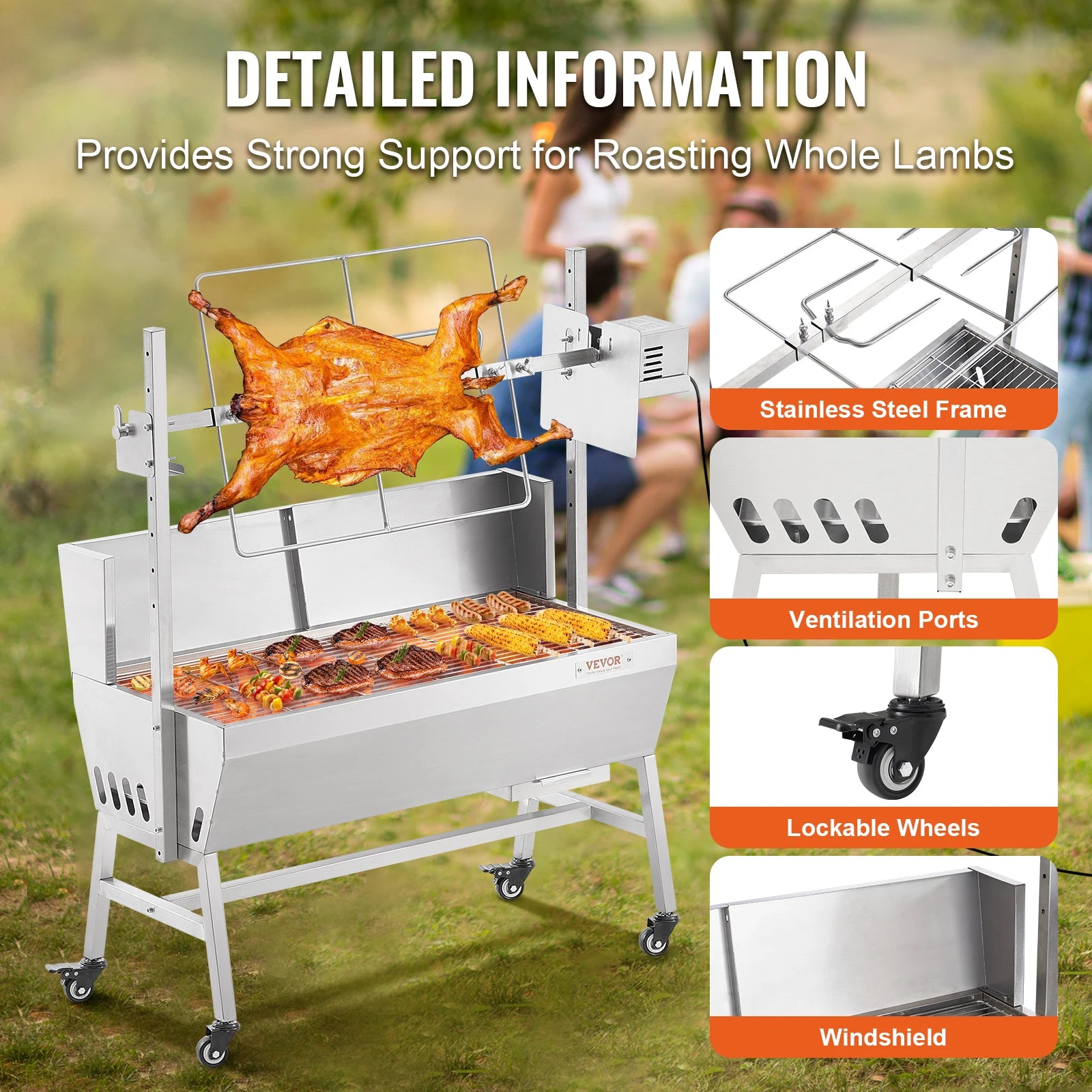 35-Inch Rotisserie Grill Electric Motor Charcoal Spit Roaster with Lockable Wheels - Deribla Store
