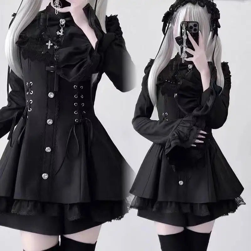 Y2k Aesthetic Lolita Style Bow Dress Shorts Set Japanese Women