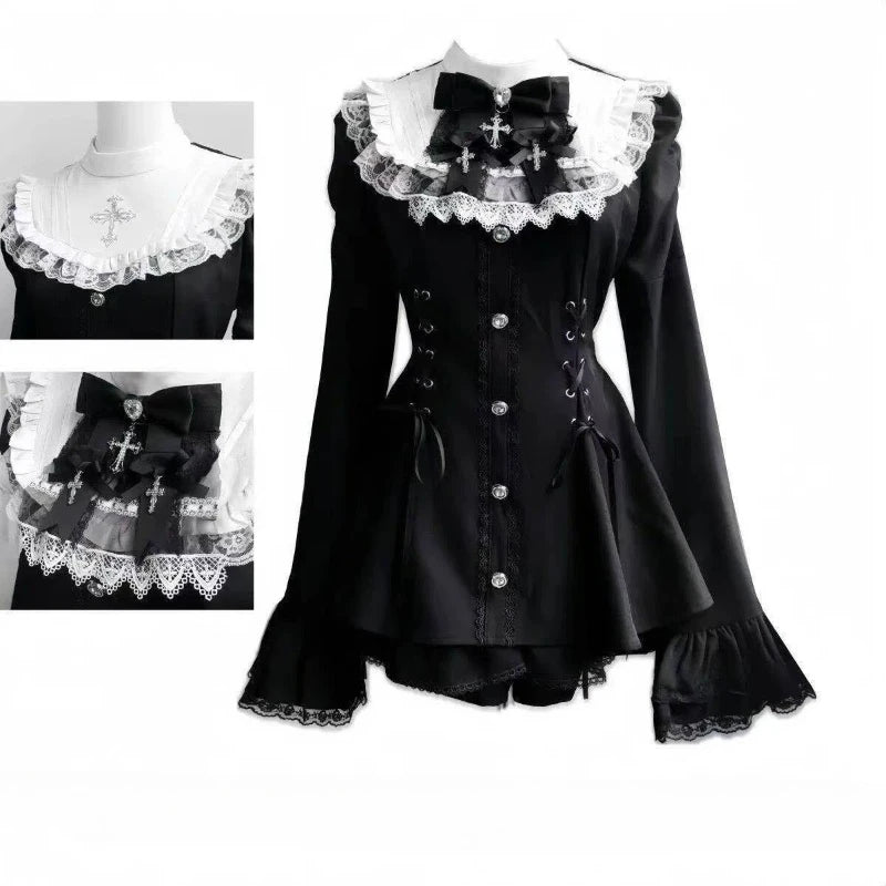 Y2k Aesthetic Lolita Style Bow Dress Shorts Set Japanese Women