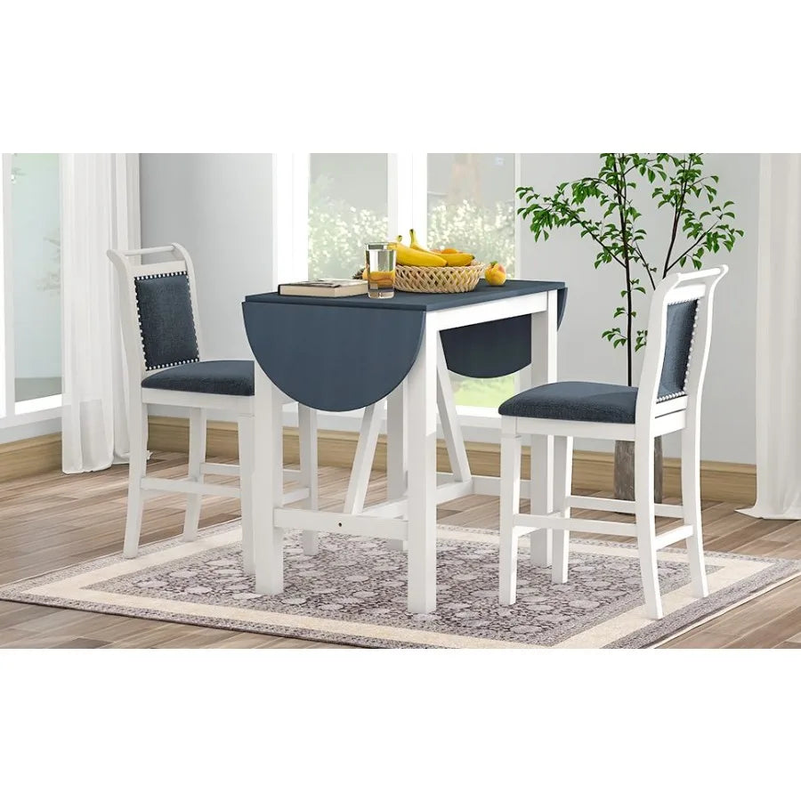 TOPMAX 3Piece Wood Counter Height Drop Leaf Dining Table Set with 2 Upholstered Dining Chairs for Small Place White+Gray - Deribla Store