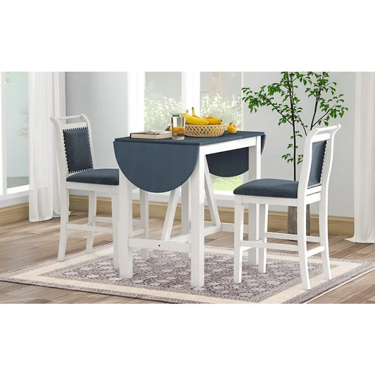 TOPMAX 3Piece Wood Counter Height Drop Leaf Dining Table Set with 2 Upholstered Dining Chairs for Small Place White+Gray - Deribla Store