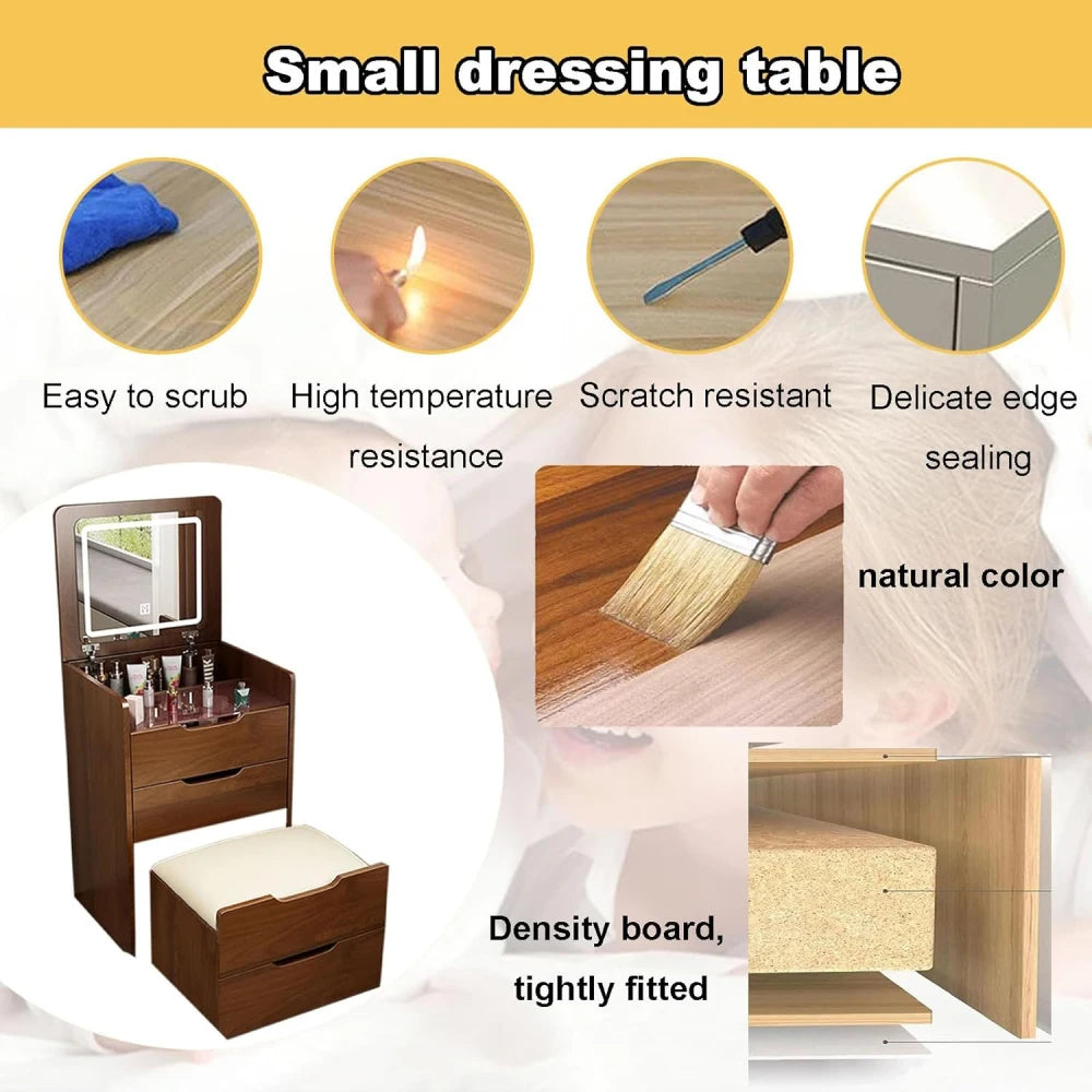 3 in 1 Vanity Desk - Flip Top Mirror Makeup Table 60cm Walnut - Deribla Store