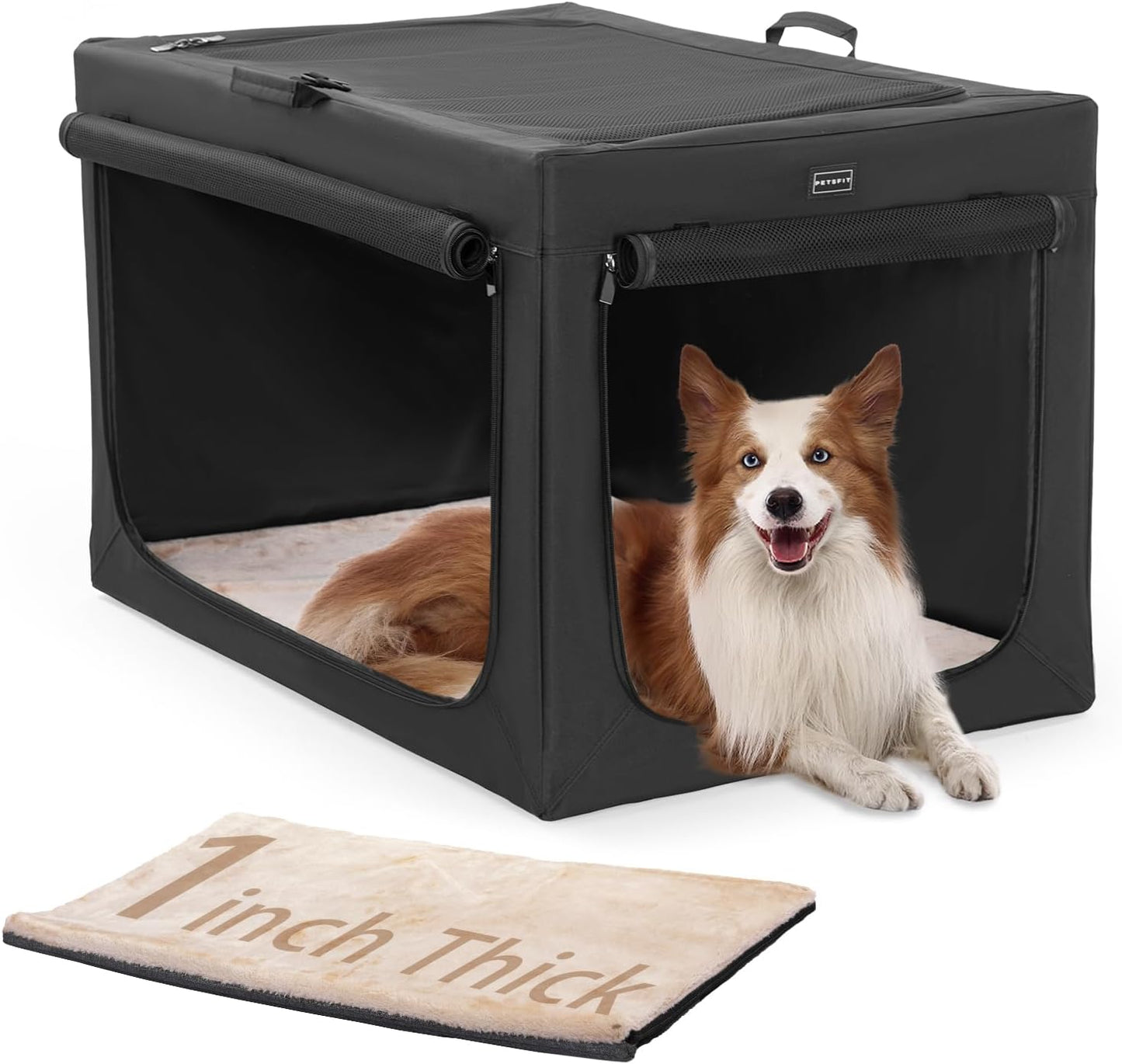 Portable Dog Crate, Soft Dog Crate - 24 Inch Easy Set-Up, Light, Sturdy, Comfy inside with Thicken Mat, Collapsible Crate for Home and Travel Black