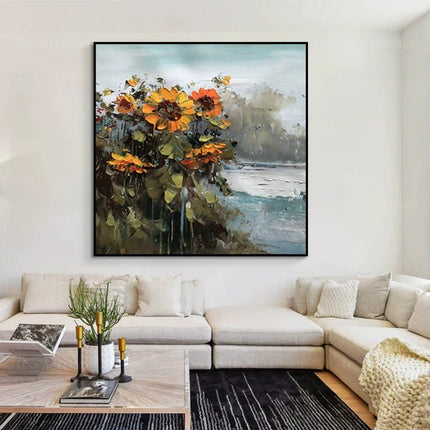 Abstract Countryside Oil Painting Hand Painted Rural Landscape With Sunflower Flowers Canvas Wall Art For Home Dining Room Decor - Deribla Store