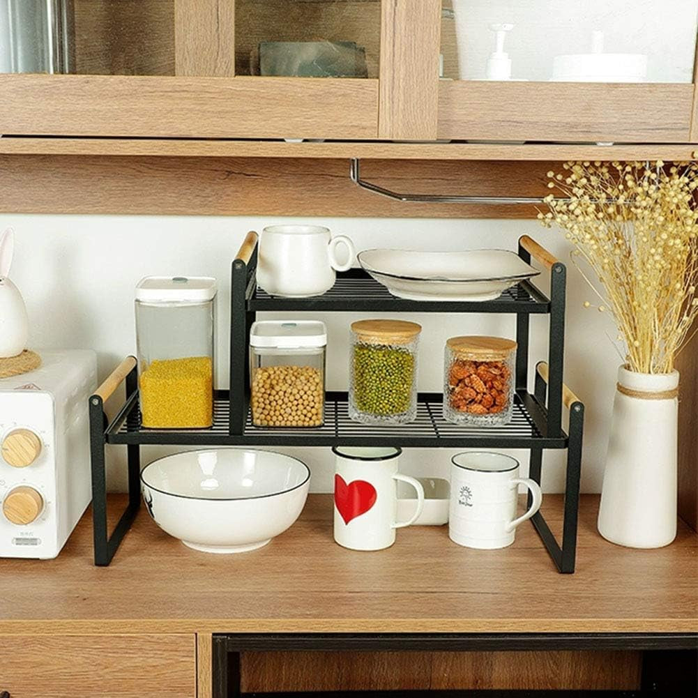 Kitchen Countertop Organizer, Cupboard Stand Spice Rack, Cabinet Pantry Shelf, Counter Organization and Storage for Kitchen Bathroom Office (Black, 23.50 Inches)