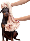 Soggy Doggy Super Shammy Dog Towel - Microfiber Chenille Towel for Drying Dogs and Cleaning Paws - Fast Drying with Hand Pockets for Ease (Beige/Red Trim, 31” X 14”)