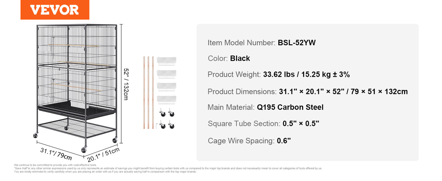 VEVOR Large Flight Bird Cage 52/54" - Carbon Steel Standing Cage with Rolling Stand for Parrots & Cockatiels - Deribla Store