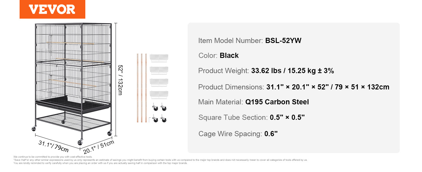 VEVOR Large Flight Bird Cage 52/54" - Carbon Steel Standing Cage with Rolling Stand for Parrots & Cockatiels - Deribla Store