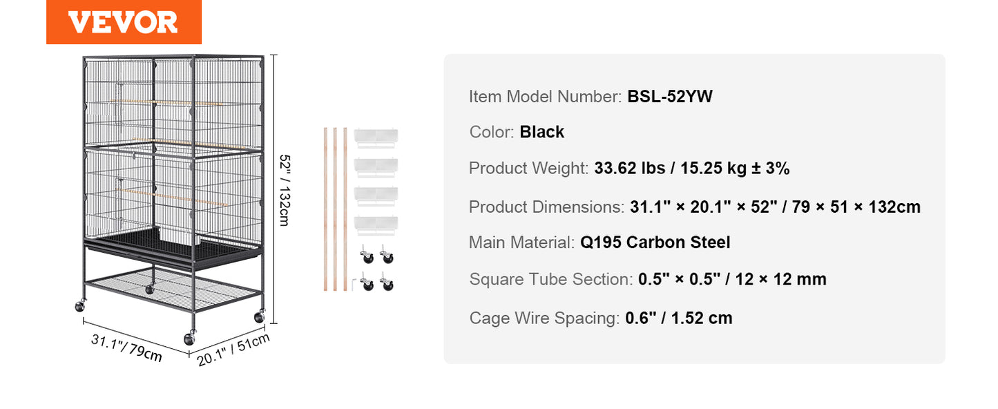 VEVOR Large Flight Bird Cage 52/54" - Carbon Steel Standing Cage with Rolling Stand for Parrots & Cockatiels - Deribla Store