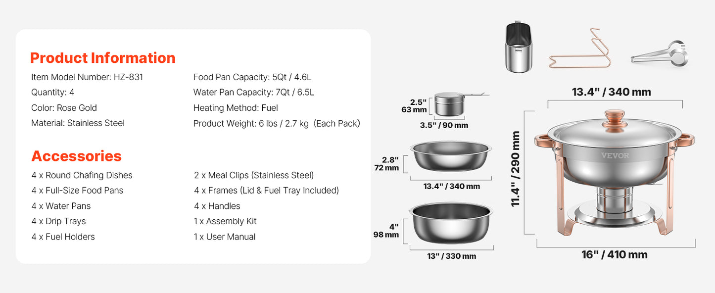 4-Pack Chafing Dish Buffet Set - Stainless Steel Round Catering Warmers with Full Size Pans - Deribla Store