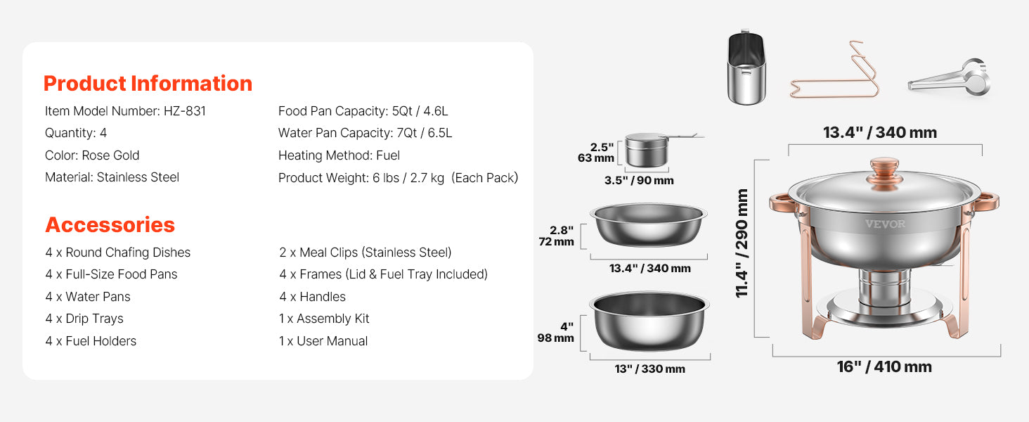 4-Pack Chafing Dish Buffet Set - Stainless Steel Round Catering Warmers with Full Size Pans - Deribla Store