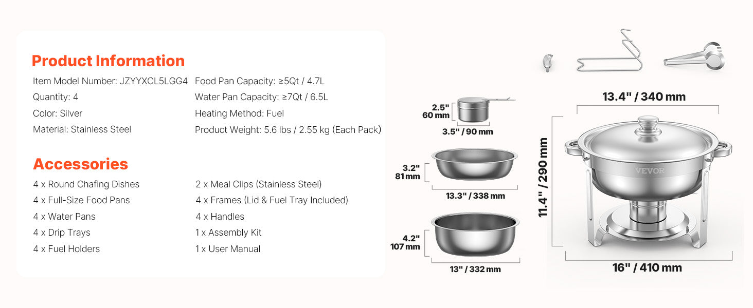 4-Pack Chafing Dish Buffet Set - Stainless Steel Round Catering Warmers with Full Size Pans - Deribla Store