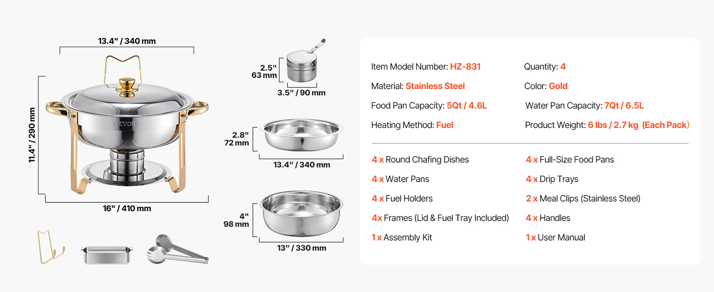4-Pack Chafing Dish Buffet Set - Stainless Steel Round Catering Warmers with Full Size Pans - Deribla Store