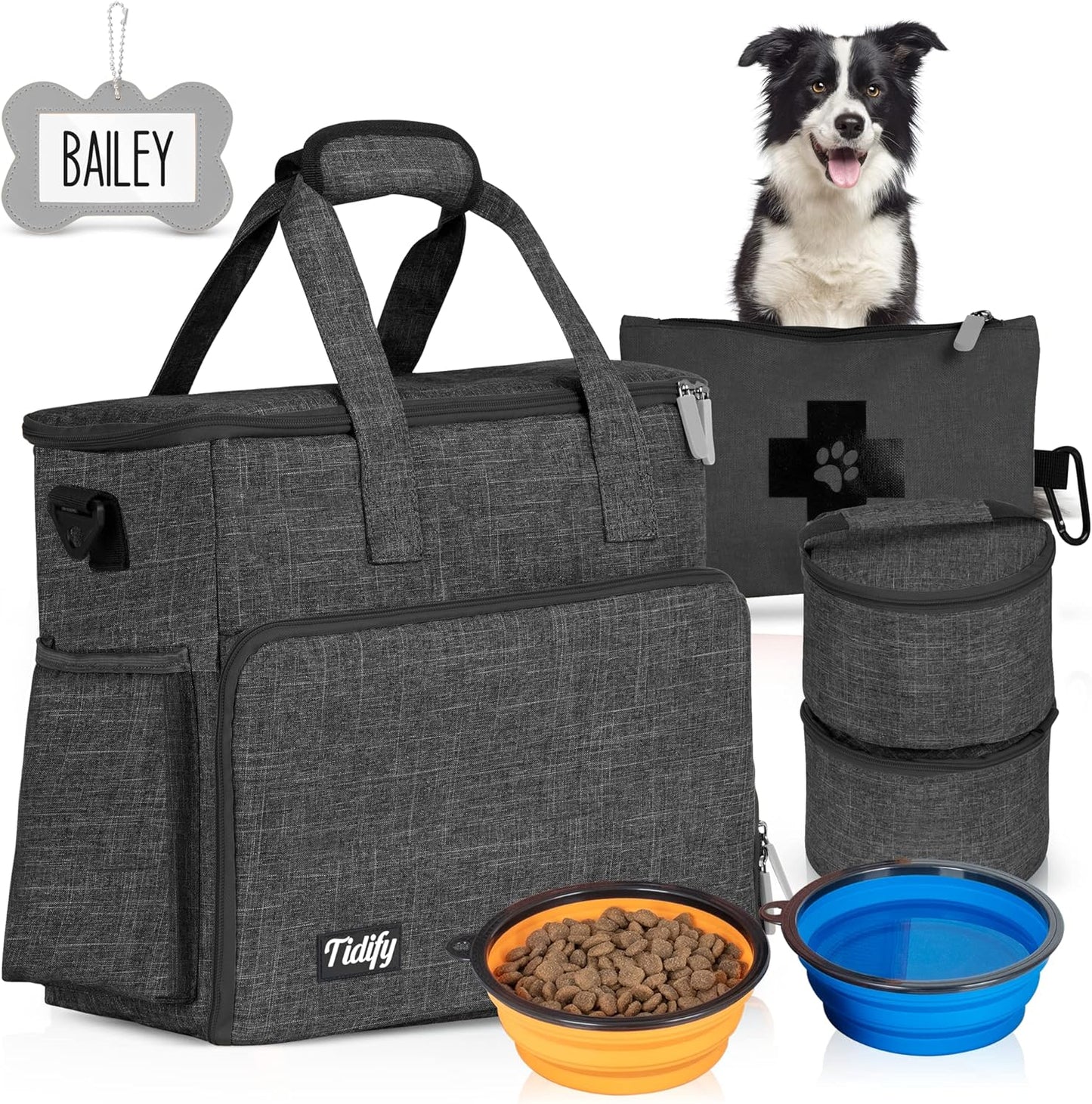 Dog Travel Bag Airline Approved Pet Travel Set for Dog and Cat Tote Organizer with Multi Function Pockets, 2 Food Containers and Collapsible Bowls, Weekend Away Dog Bag for Travel Accessories